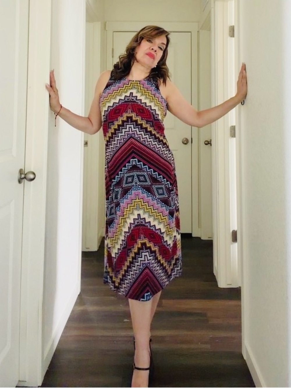 Anne Klein Multicolor Chevron Midi Dress in Red, Yellow, Blue